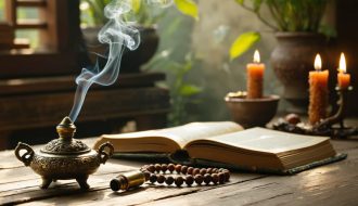 Brass incense burner emitting smoke next to an unlabeled dark-glass vape cartridge, mala beads, and a closed antique book on a wooden table, with warm sunlight and blurred plants and a lattice window in the background.