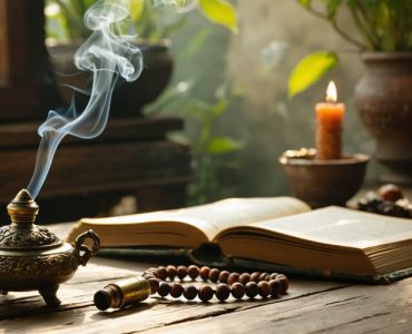 Brass incense burner emitting smoke next to an unlabeled dark-glass vape cartridge, mala beads, and a closed antique book on a wooden table, with warm sunlight and blurred plants and a lattice window in the background.
