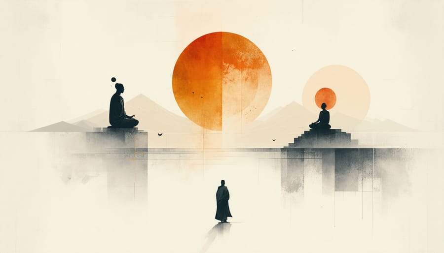 Two diverging stone pathways representing different approaches to spiritual development