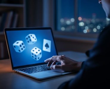 Over-the-shoulder view of a person at a laptop with blue screen glow showing abstract gambling icons, a candle and small lotus statue on the desk, and a softly blurred bookshelf and night skyline in the background.