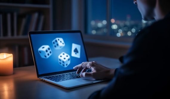 Over-the-shoulder view of a person at a laptop with blue screen glow showing abstract gambling icons, a candle and small lotus statue on the desk, and a softly blurred bookshelf and night skyline in the background.