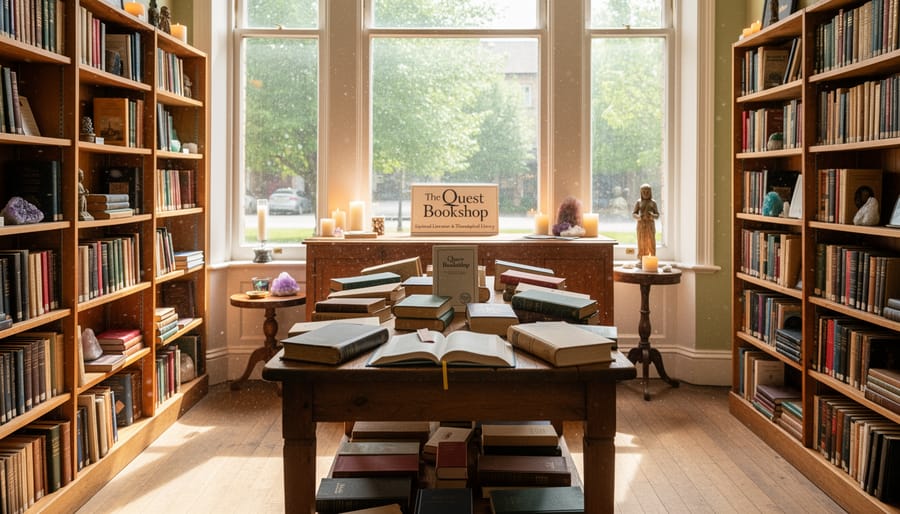 Library interior with extensive collection of theosophical and spiritual philosophy books