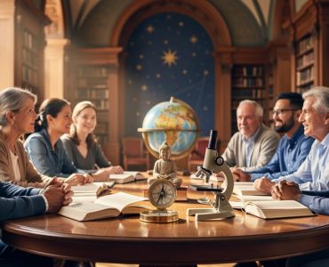 Diverse adults seated around a round table in a warm sunlit library, with open books, a brass compass, a small Buddha figurine, and a microscope on the table, and an unlabeled globe and star mural softly blurred in the background.