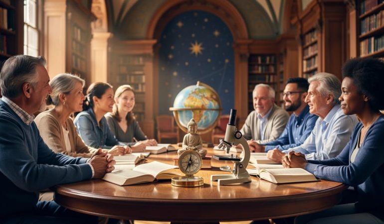 Diverse adults seated around a round table in a warm sunlit library, with open books, a brass compass, a small Buddha figurine, and a microscope on the table, and an unlabeled globe and star mural softly blurred in the background.