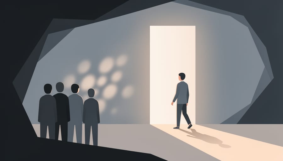 A dark stone chamber with mist leading to a bright opening of light