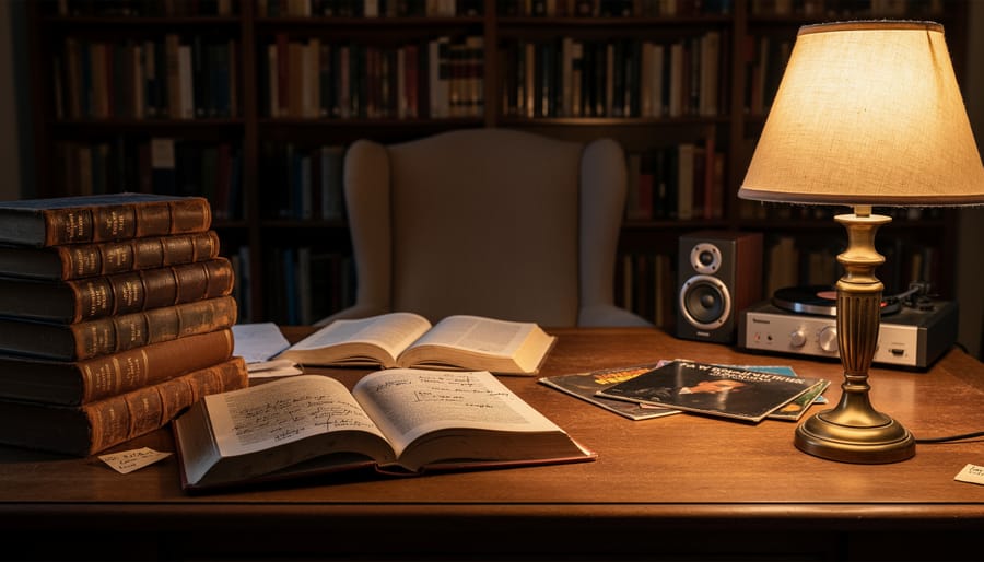 Open study materials including a worn book and a lyre near a warm oil lamp