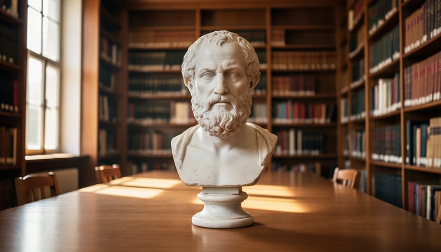 Marble bust resembling Plato displayed in a softly lit library with blurred books in the background