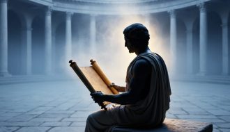 A contemplative ancient Greek philosopher-like figure seated with a scroll in a classical courtyard as a faint luminous glow rises behind him.