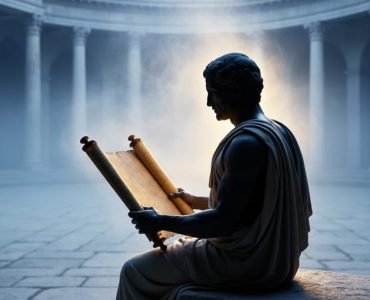 A contemplative ancient Greek philosopher-like figure seated with a scroll in a classical courtyard as a faint luminous glow rises behind him.