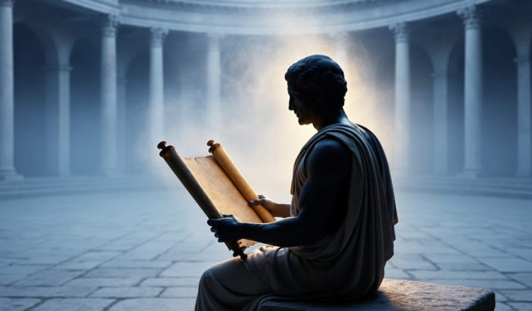 A contemplative ancient Greek philosopher-like figure seated with a scroll in a classical courtyard as a faint luminous glow rises behind him.