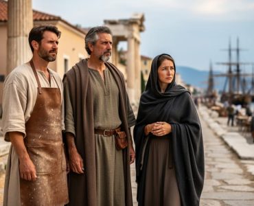 Early Christians in ancient Thessalonica standing together in a reflective moment, with blurred harbor activity in the background.