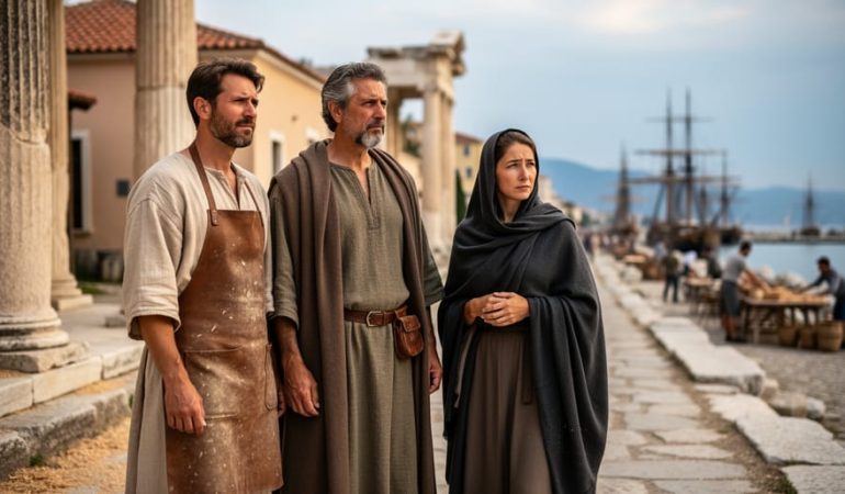 Early Christians in ancient Thessalonica standing together in a reflective moment, with blurred harbor activity in the background.