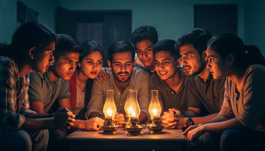 A small group holding oil lamps together in a night-time courtyard