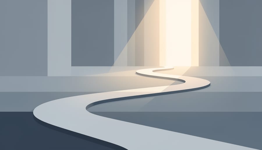 A winding stone path through a garden with sunlight reaching toward a bright opening