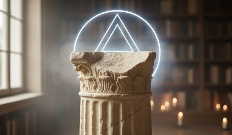 Marble Greek column fragment with subtle geometric glowing light suggesting philosophical ideals and spiritual evolution.