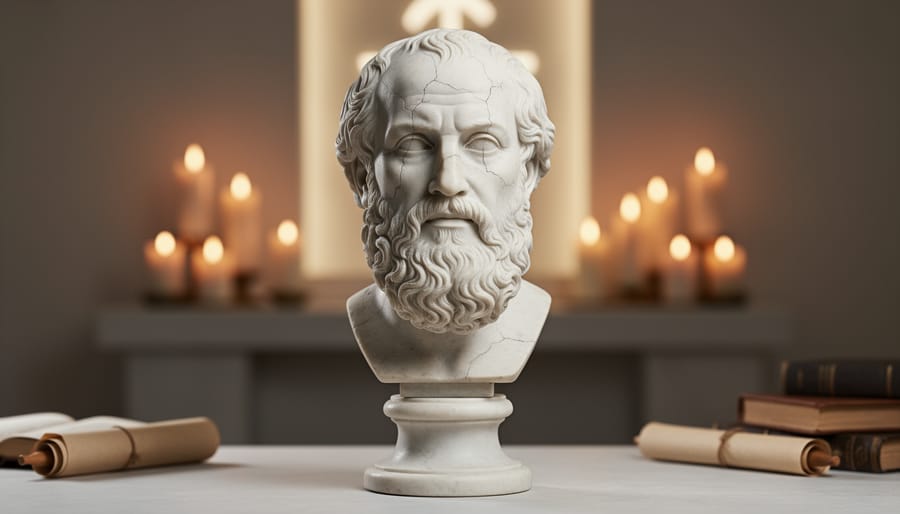 Marble bust resembling Plato in soft museum lighting