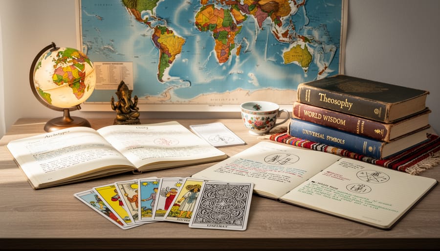 Open library desk with a globe, draped textiles, and a tarot card among books in warm, inclusive lighting