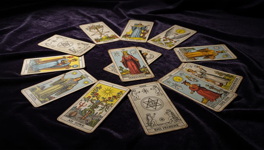 Open vintage tarot deck with Major Arcana cards fanned on indigo velvet beside a softly glowing candle