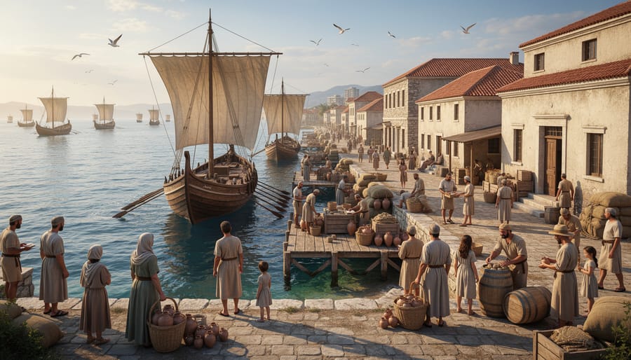 Ships moored along a stone quay at dusk in a Roman-style port city