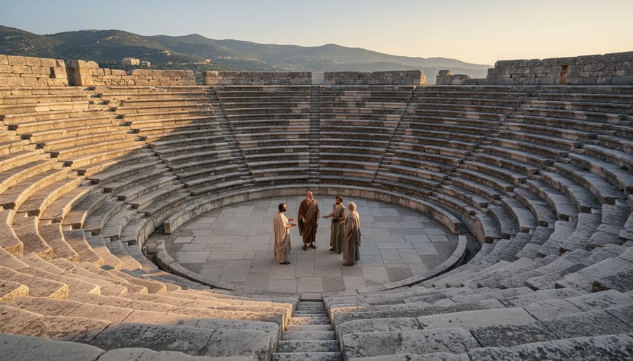 Sunlit ancient amphitheater with empty stone seating at dawn