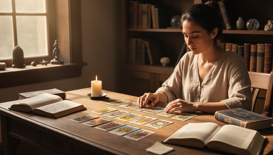 Top-down view of a study altar with neatly arranged tarot cards, a leather journal, and a brass symbolic object