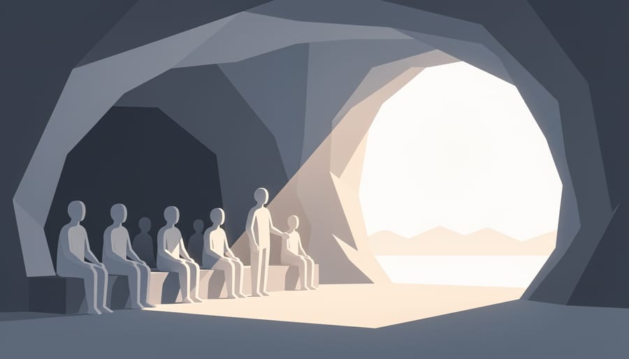 People standing at the entrance of a cave facing bright sunlight outside