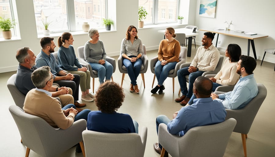 Diverse group seated in a circle during a study discussion with notebooks and attentive faces