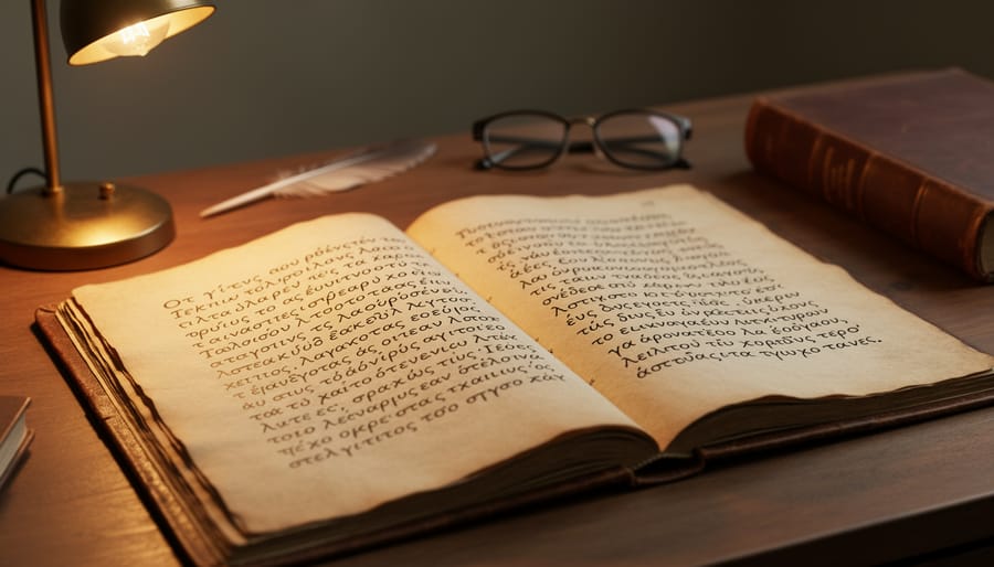 Open ancient Greek manuscript on a carved wooden table illuminated by a bronze oil lamp