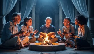 Diverse group of five people seated in a circle at night around a brazier, with an open ancient book representing thoughtful dialogue and spiritual inquiry.
