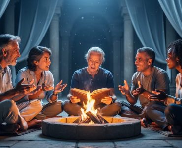 Diverse group of five people seated in a circle at night around a brazier, with an open ancient book representing thoughtful dialogue and spiritual inquiry.