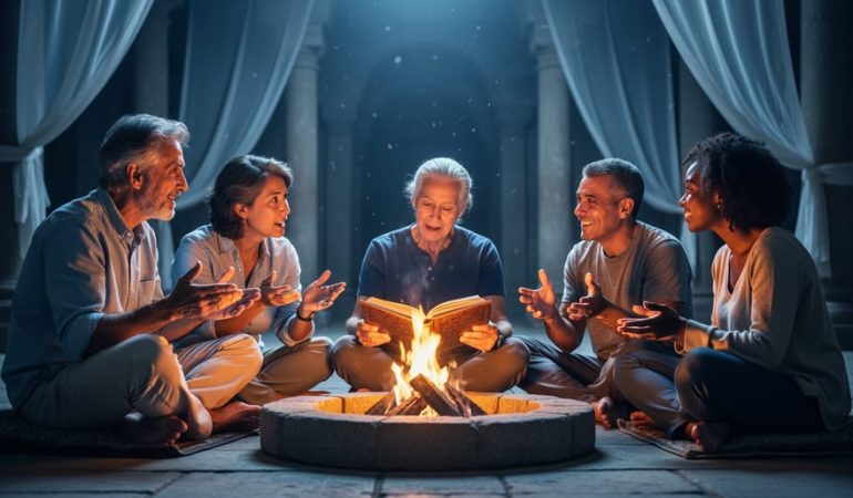 Diverse group of five people seated in a circle at night around a brazier, with an open ancient book representing thoughtful dialogue and spiritual inquiry.