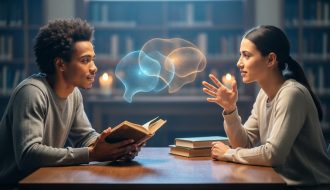 Two participants in a study circle facing each other across a wooden table, with an open book between them and soft light suggesting shared understanding.