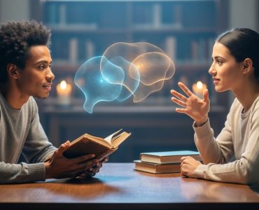Two participants in a study circle facing each other across a wooden table, with an open book between them and soft light suggesting shared understanding.