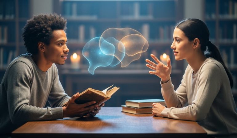 Two participants in a study circle facing each other across a wooden table, with an open book between them and soft light suggesting shared understanding.