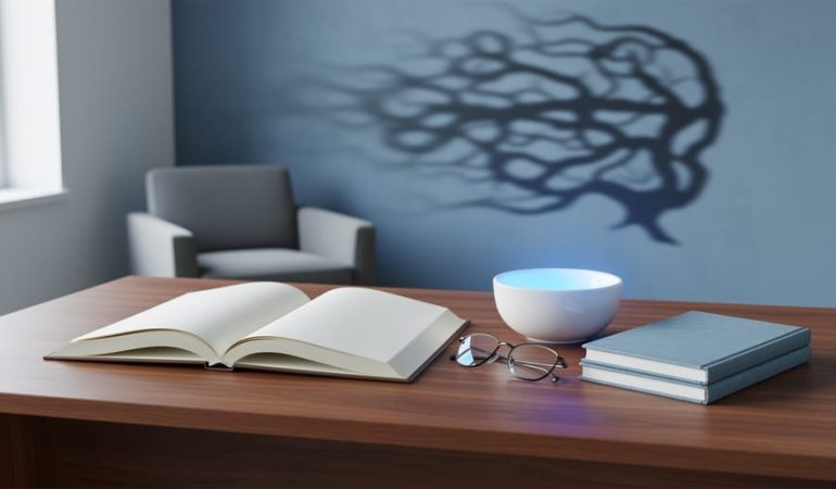 Calm therapist’s room desk with an open blank book, ceramic bowl, glasses, and journal under soft side daylight, with subtle shadow-like shapes in the blurred background.