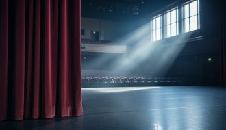 Quiet theatre foyer with red curtains and hazy light, suggesting a sense of quarantine and isolation before a performance.