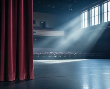 Quiet theatre foyer with red curtains and hazy light, suggesting a sense of quarantine and isolation before a performance.
