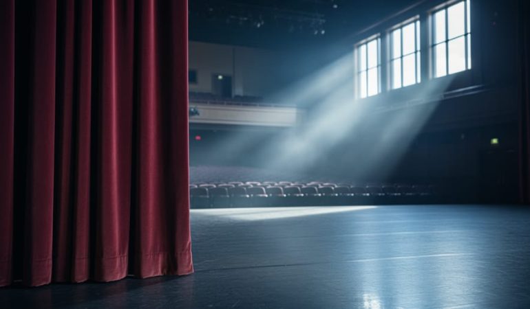 Quiet theatre foyer with red curtains and hazy light, suggesting a sense of quarantine and isolation before a performance.