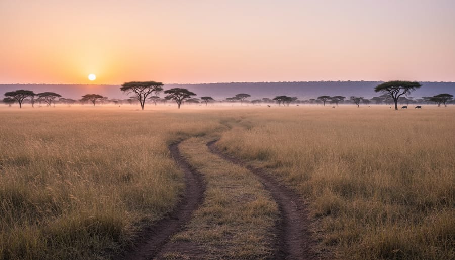 Dawn savanna landscape with dry grass, stones, and acacia trees in the distance.