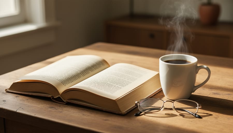 Worn book copy of The Plague by Albert Camus beside a steaming cup of coffee on a wooden café table