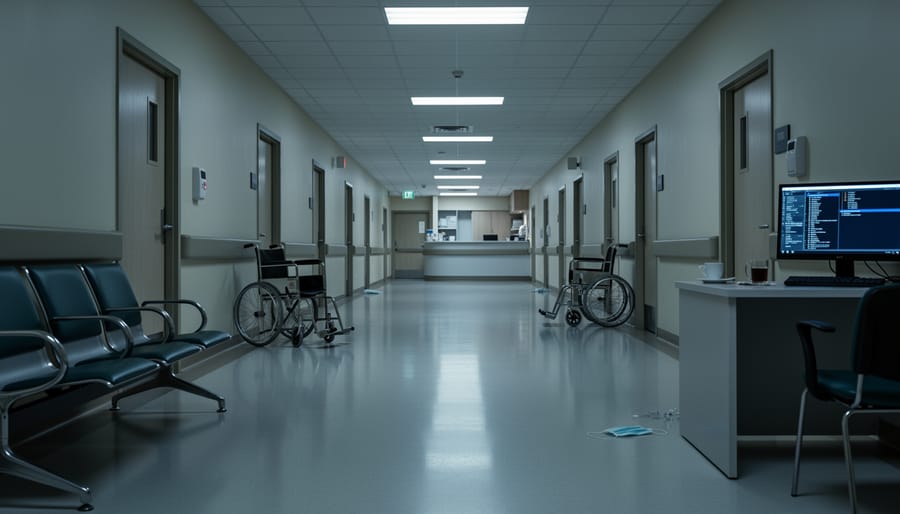 Empty hospital corridor with medical equipment and masks, shown at dusk lighting