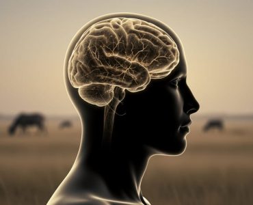 Profile silhouette with subtle brain-like neural texture over a softly blurred savanna landscape, representing evolutionary influences on human behavior.