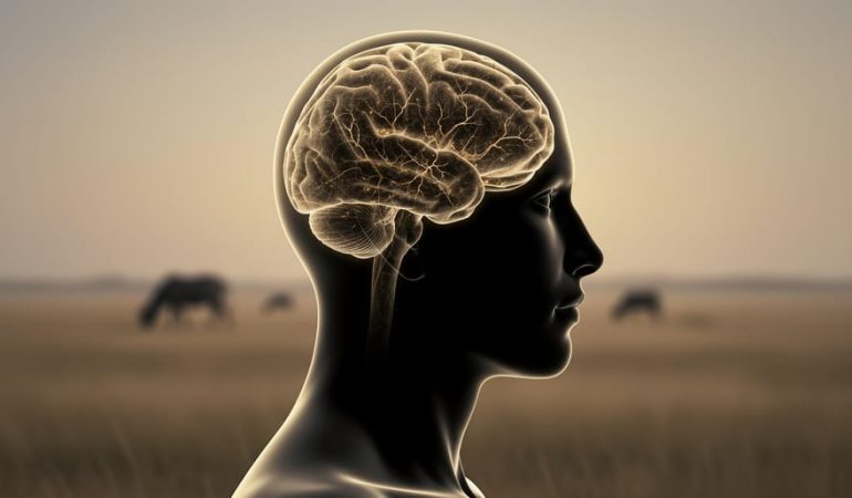 Profile silhouette with subtle brain-like neural texture over a softly blurred savanna landscape, representing evolutionary influences on human behavior.