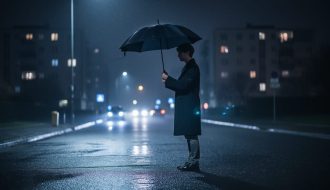 A solitary person holding an open umbrella on a dark, rain-slick city street at night, lit by cool blue streetlight glow, suggesting personal choice and responsibility.