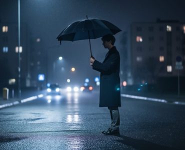A solitary person holding an open umbrella on a dark, rain-slick city street at night, lit by cool blue streetlight glow, suggesting personal choice and responsibility.