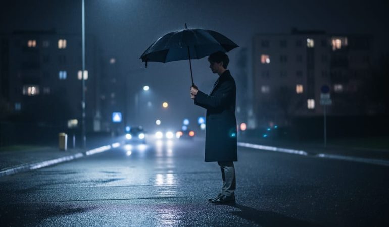 A solitary person holding an open umbrella on a dark, rain-slick city street at night, lit by cool blue streetlight glow, suggesting personal choice and responsibility.