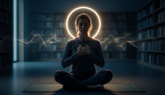 Meditating figure in a dim room with a soft golden glow around the head, symbolizing purposeful consciousness and spiritual growth.