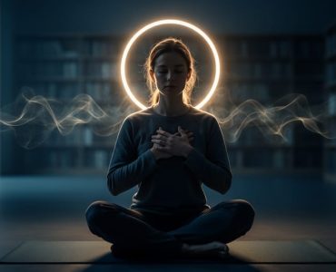 Meditating figure in a dim room with a soft golden glow around the head, symbolizing purposeful consciousness and spiritual growth.