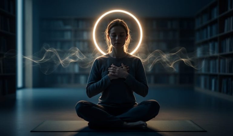 Meditating figure in a dim room with a soft golden glow around the head, symbolizing purposeful consciousness and spiritual growth.