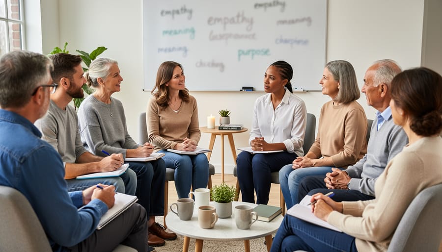 People seated in a circle, engaged in calm discussion with attentive expressions.